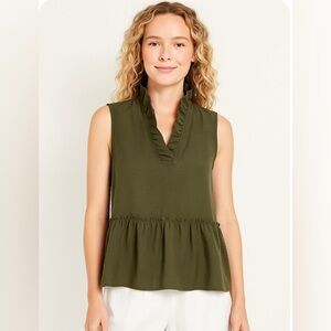 Olive Green Ruffle Neck Tired Blouse Medium